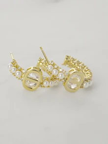 Clariva 1 chiếc khuyên tai tròn đính ngọc trai giả CD sang trọng dành cho nữ, thiết kế tối giản, quà tặng Giáng sinh đa năng - Hoa tai ngọc trai CD - Xem 1