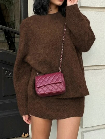 Women's Elegant Knitted Sweater Set For Autumn/Winter, Casual Crew Neck Long Sleeve Pullover, Fashionable Solid Color 2-Piece Set For Christmas, New Year, Thanksgiving