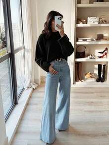 Jersey holgado de punto suelto de hombros caídos y unicolor, otoño/invierno - Negro - Ver 2