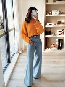 女士灰色圆领休闲针织毛衣 - 橘色 - 查看 2