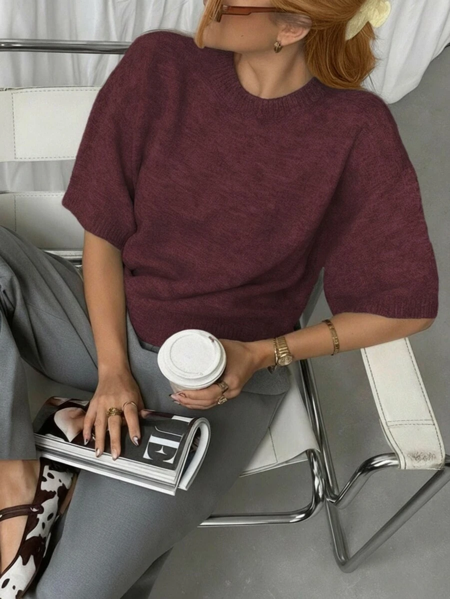 优雅女士针织毛衣,短袖圆领套头衫,复古简约风格,春秋季时尚百搭,适合圣诞节、感恩节、新年等休闲场合穿着。 - 棗紅 - 查看 1