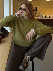 优雅女士针织毛衣，时尚休闲法式风格加厚宽松套头衫，适合圣诞节和新年，秋冬季圆领套头衫，时尚女式上衣 - 墨綠色 - 查看 1