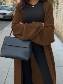 Women's New Simple Versatile Commute Daily Knit Cardigan, Long Length - Coffee Brown - View 2