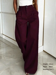 SMILE CHIC Women's Commuter Casual Wide Leg Pants, Loose Stylish Solid Color Unique Waistband Design, Suitable For Office And Daily Wear