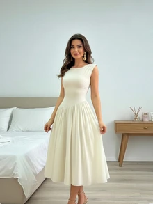 Women's Solid Color Backless Strap Casual Resort Commuting Spring Summer Dress Elegant - Beige - View 1