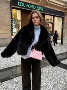 Women's Retro High-End Faux Fur Short Jacket, Loose Version Fashion Casual Coat - Black - View 1