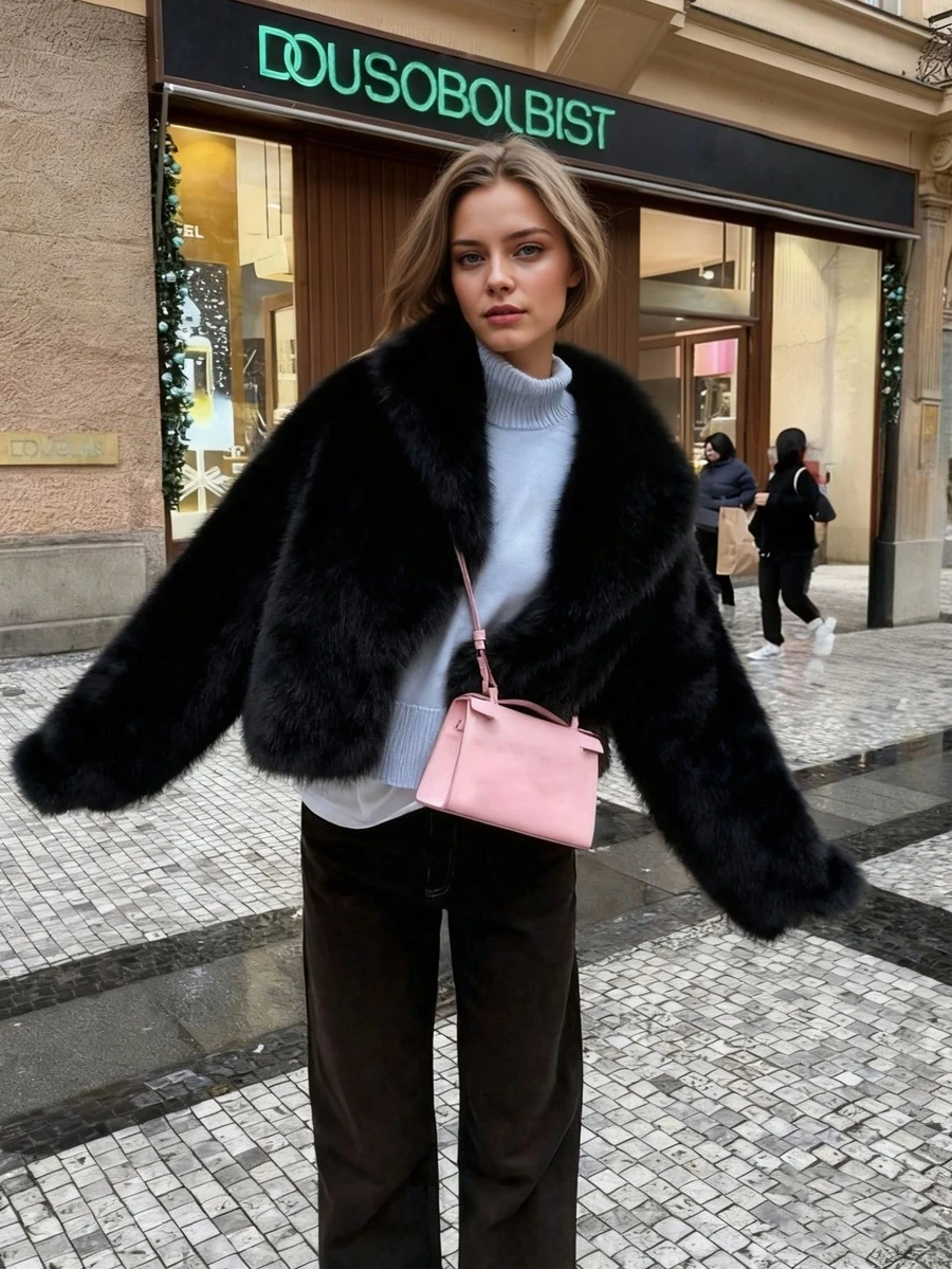 Women's Retro High-End Faux Fur Short Jacket, Loose Version Fashion Casual Coat - Black - View 1