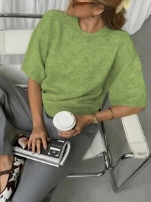 優雅女款秋冬時尚日常居家休閒通勤簡約純色針織羅紋短袖圓領套頭T恤上衣 - 淺綠 - 查看 3