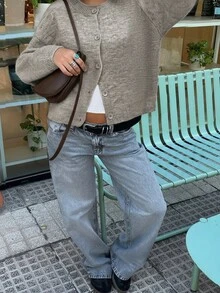 Knit Mix Áo khoác cardigan dệt kim dáng rộng kiểu Pháp thanh lịch dành cho nữ, thích hợp cho Giáng sinh, Lễ Tạ ơn, Năm mới, tay dài, cổ tròn, màu trơn, phong cách thường ngày cho mùa Thu/Đông. - Hoa Hưng - Xem 3