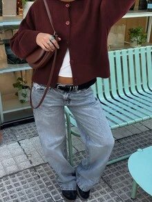 Knit Mix 优雅法式宽松针织开衫，女士圆领长袖毛衣，休闲纯色外套，适合圣诞节、感恩节、新年、秋冬季穿着。 - 深紅 - 查看 3