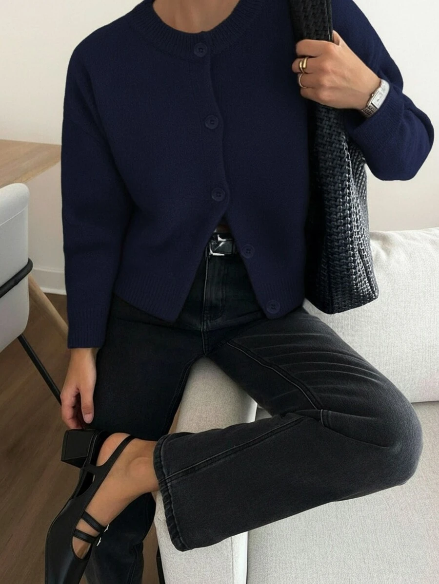 Knit Mix 優雅法式寬鬆針織開襟衫 女款圓領素色毛衣 休閒外套 適合聖誕節、感恩節、秋冬季節 - 藏藍 - 查看 1