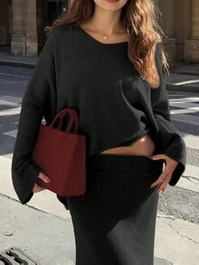优雅女士秋冬时尚休闲宽松针织V领长袖上衣和半裙套装毛衣两件套 - 黑色 - 查看 3