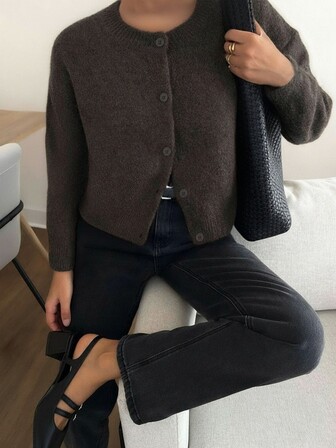 Knit Mix Elegant Women's Blouse French Loose Knit Cardigan, Suitable For Christmas, Thanksgiving, New Year Fashionable Long Sleeve Crew Neck Sweater Casual Solid Color Jacket For Autumn/Winter