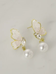 Clariva 韩式优雅仿珍珠花朵复古耳钉，个性百搭珠宝配饰，圣诞礼物 - 蝴蝶型 - 查看 2