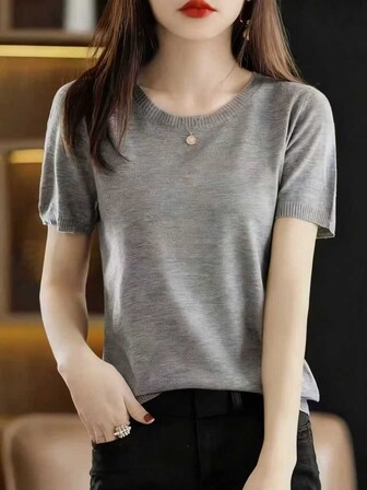 Camiseta de punto de manga corta con cuello redondo de corte suelto y versátil para mujer, de unicolor, para verano