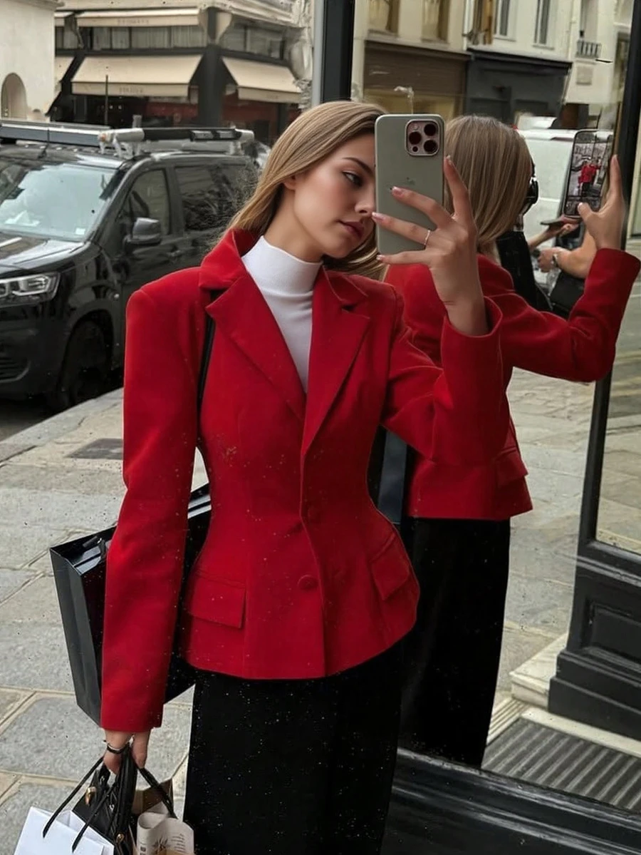 Elegant Vintage Red Christmas Dress - Waist Cinched Silhouette, High Fashion Vibe, Women Autumn/Winter Clothing - Red - View 1