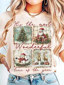 Vintage Christmas Graphic T-Shirt, "Santa Claus, It's The Most Wonderful Time Of The Year" Merry Christmas T-Shirt, Casual Round Neck Short Sleeve Tee For Women, Fall/Winter - Light Apricot - View 2