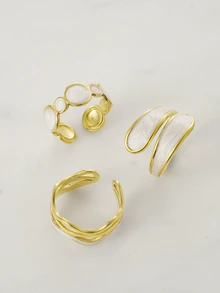 Clariva 3pcs/Set Fashionable Asymmetrical Stainless Steel Artistic Paint Ring Set, Stylish Design For Women Daily Wear Gifts - Yellow Gold - View 6