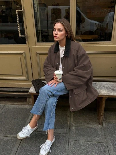 2026 Women's Retro Casual Loose Version Color Block Corduroy Collar Lightweight Windbreaker Jacket, All Season