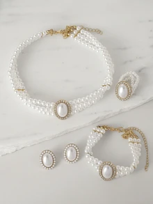 4 Stücke/Set Mehrstufiges Modeschmuckset mit Kunstperlen, inklusive Halskette, Armband, Ohrringe und Ring für Hochzeiten, festliche Anlässe, Weihnachtsgeschenke - Weiss - Übersicht 5