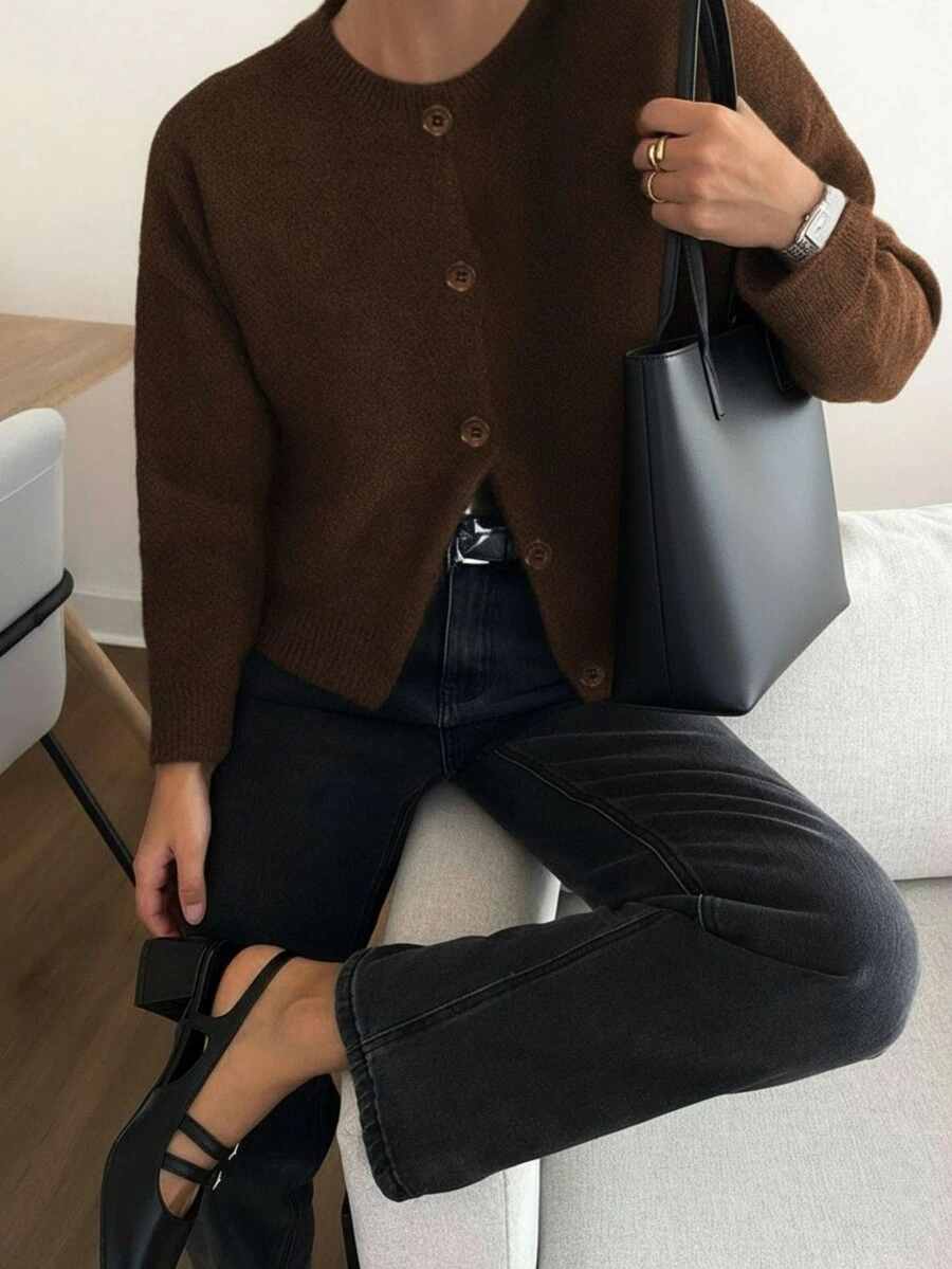 Knit Mix Elegante französische locker gestrickte Strickjacke für Damen, Rundhals-Pullover Einfarbig, lässige Oberbekleidung für Weihnachten, Thanksgiving, Herbst/Winter, Braun - Braun - Übersicht 1
