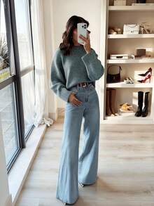 女式灰色圆领休闲针织毛衣 - 綠色 - 查看 2