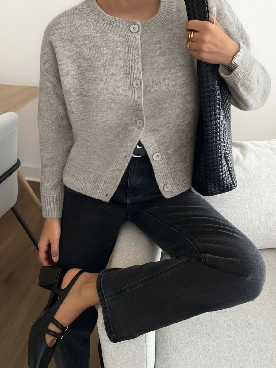 Knit Mix Áo khoác cardigan dệt kim dáng rộng kiểu Pháp thanh lịch dành cho nữ, thích hợp cho Giáng sinh, Lễ Tạ ơn, Năm mới, tay dài, cổ tròn, màu trơn, phong cách thường ngày cho mùa Thu/Đông. - Hoa Hưng - Xem 1