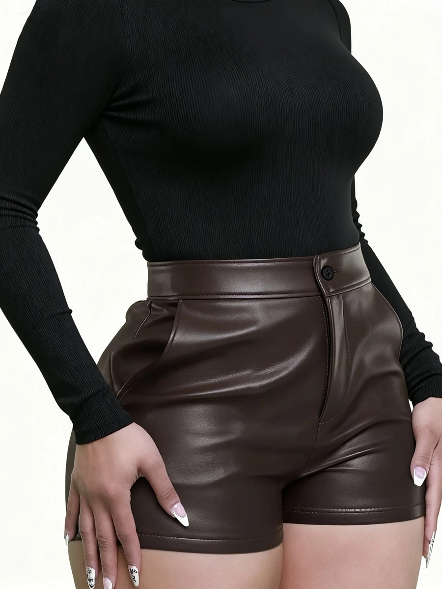 Quần short skinny co giãn màu đen SMILE CHIC đa năng, thiết kế tiện dụng với túi chéo và cúc cài, phù hợp cho mặc hàng ngày, dự tiệc, hẹn hò, mọi mùa hè. - Cà phê nâu - Xem 1