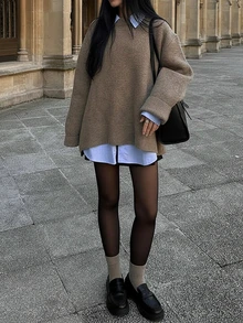 Áo len dệt kim tay dài cổ tròn màu nâu mới của SEREN dành cho nữ mùa thu đông, áo len kiểu dáng rộng rãi, thoải mái, thích hợp mặc hàng ngày - màu nâu - Xem 11