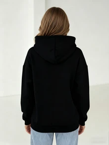 女式连帽长袖印花休闲运动通勤街头风格羊毛卫衣，秋冬 - 黑色 - 查看 2