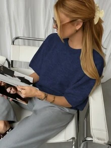 Áo len nữ thanh lịch, tay ngắn, cổ tròn, kiểu dáng tối giản cổ điển, thời trang cho mùa xuân/thu, thích hợp cho dịp Giáng sinh, Lễ Tạ ơn, và mặc thường ngày trong dịp năm mới. - Hải quân - Xem 3