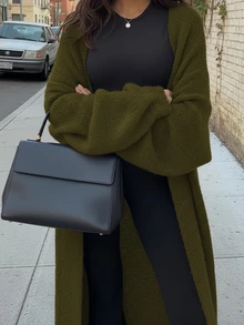 Women's New Minimalist Versatile Commute Daily Knit Cardigan, Long Length - Army Green - View 2