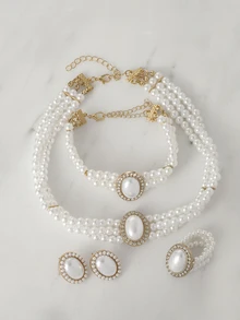 4 Stücke/Set Mehrstufiges Modeschmuckset mit Kunstperlen, inklusive Halskette, Armband, Ohrringe und Ring für Hochzeiten, festliche Anlässe, Weihnachtsgeschenke - Weiss - Übersicht 1