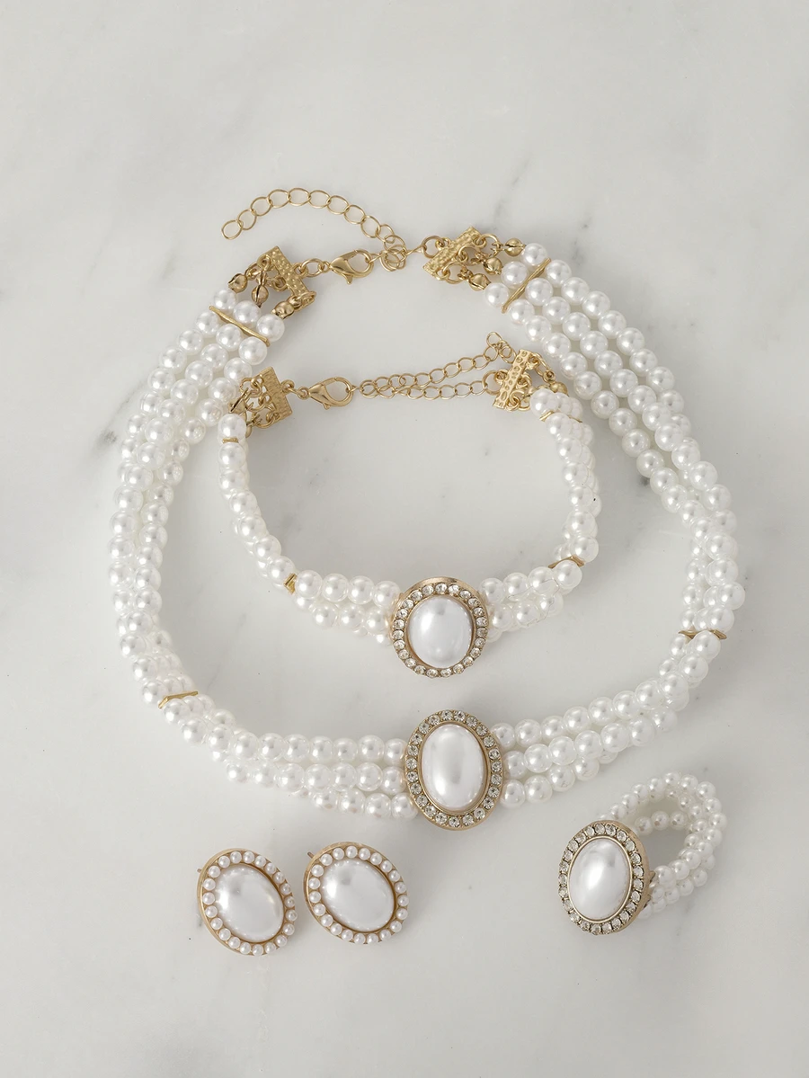4 Stücke/Set Mehrstufiges Modeschmuckset mit Kunstperlen, inklusive Halskette, Armband, Ohrringe und Ring für Hochzeiten, festliche Anlässe, Weihnachtsgeschenke - Weiss - Übersicht 1