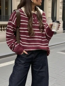 女士时尚条纹撞色 Polo 领运动衫，休闲针织运动衫 - 酒紅色 - 查看 2