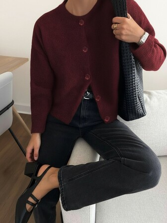 Knit Mix Elegant French Style Loose Knit Cardigan For Women, Christmas Thanksgiving New Year Chic Long Sleeve Round Neck Sweater, Casual Pure Color Outerwear For Fall & Winter