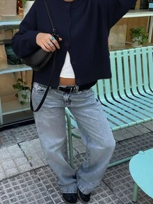 Knit Mix 優雅法式寬鬆針織開襟衫 女款圓領素色毛衣 休閒外套 適合聖誕節、感恩節、秋冬季節 - 藏藍 - 查看 3
