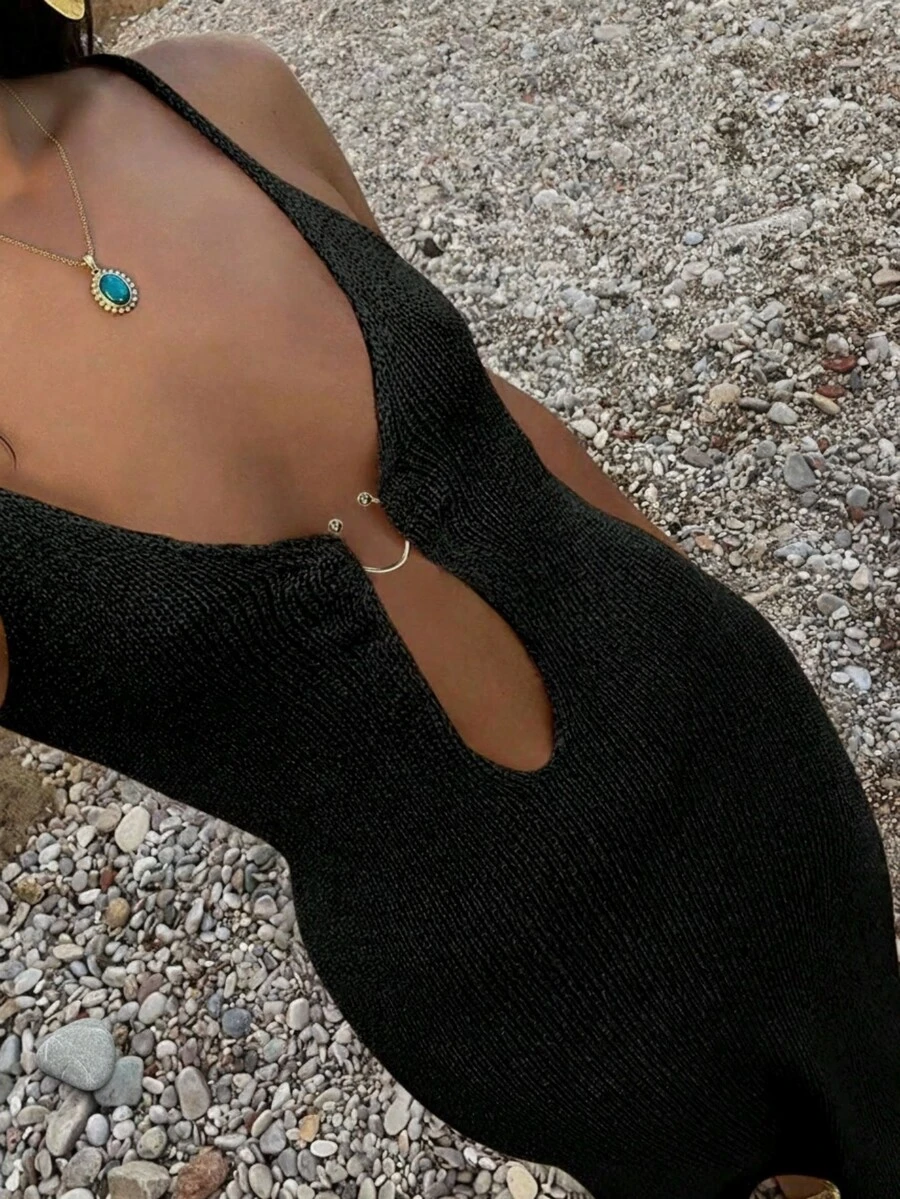 优雅女士春夏时尚日常家居休闲周末度假旅行海滩沙滩度假连衣裙时尚低胸紧身针织长裙沙滩罩衫纯色性感时尚春夏连衣裙沙滩裙学位假装女装返校夏季情人节服装女装黑色 - 黑色 - 查看 1