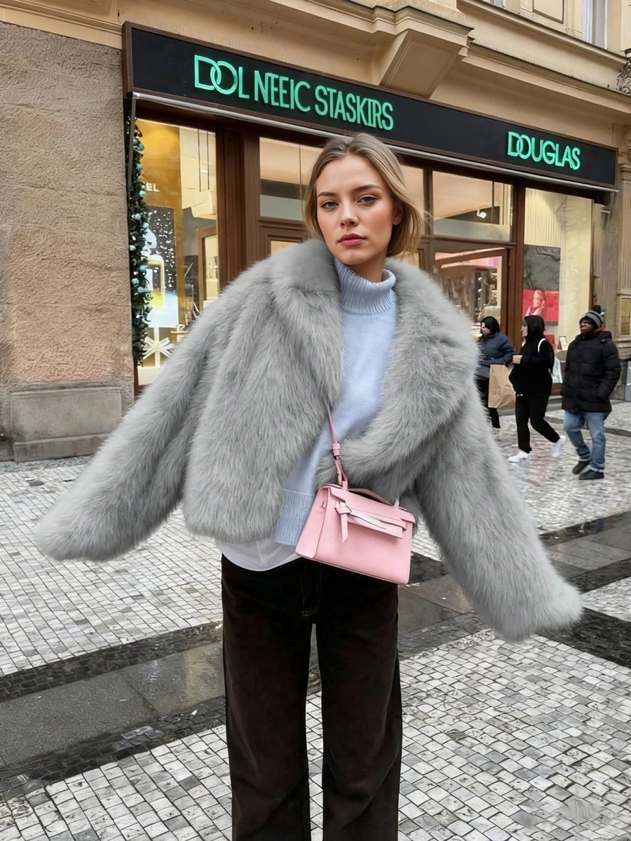 女士复古高端仿皮草短款外套，宽松时尚休闲大衣