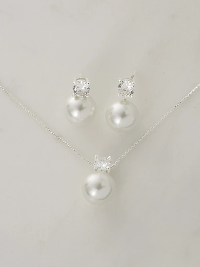 Clariva 3pcs/Set Minimalist Glass Pearl & Zirconia Stone Stud Earrings, Necklace Suit, Elegant For Engagement, Party, Everyday Wear, Mother's Day Gift Idea Gifts