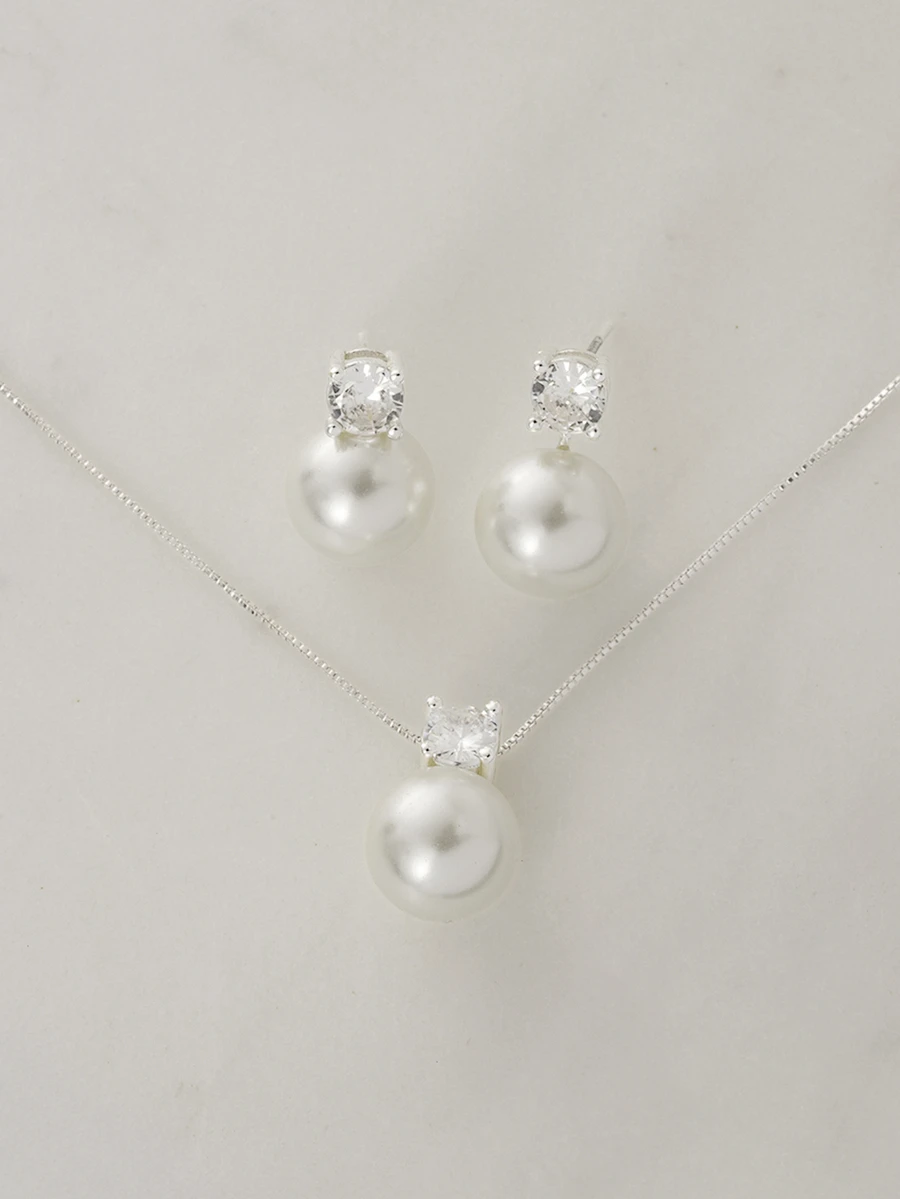 Clariva 3件套极简玻璃珍珠锆石耳钉、项链套装，优雅百搭，适合订婚、派对、日常佩戴，母亲节礼物、圣诞礼物之选 - 白色 - 查看 1