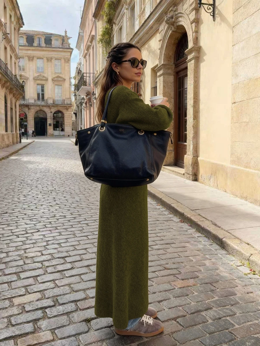 Women's New Minimalist Versatile Commute Daily Knit Cardigan, Long Length - Army Green - View 1
