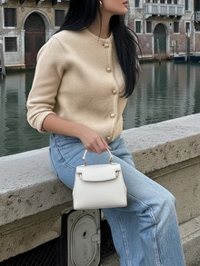 SEREN秋冬新款圆领前排扣针织开衫女宽松优雅气质通勤风毛衣外套上衣时尚 - 灰色 - 查看 4