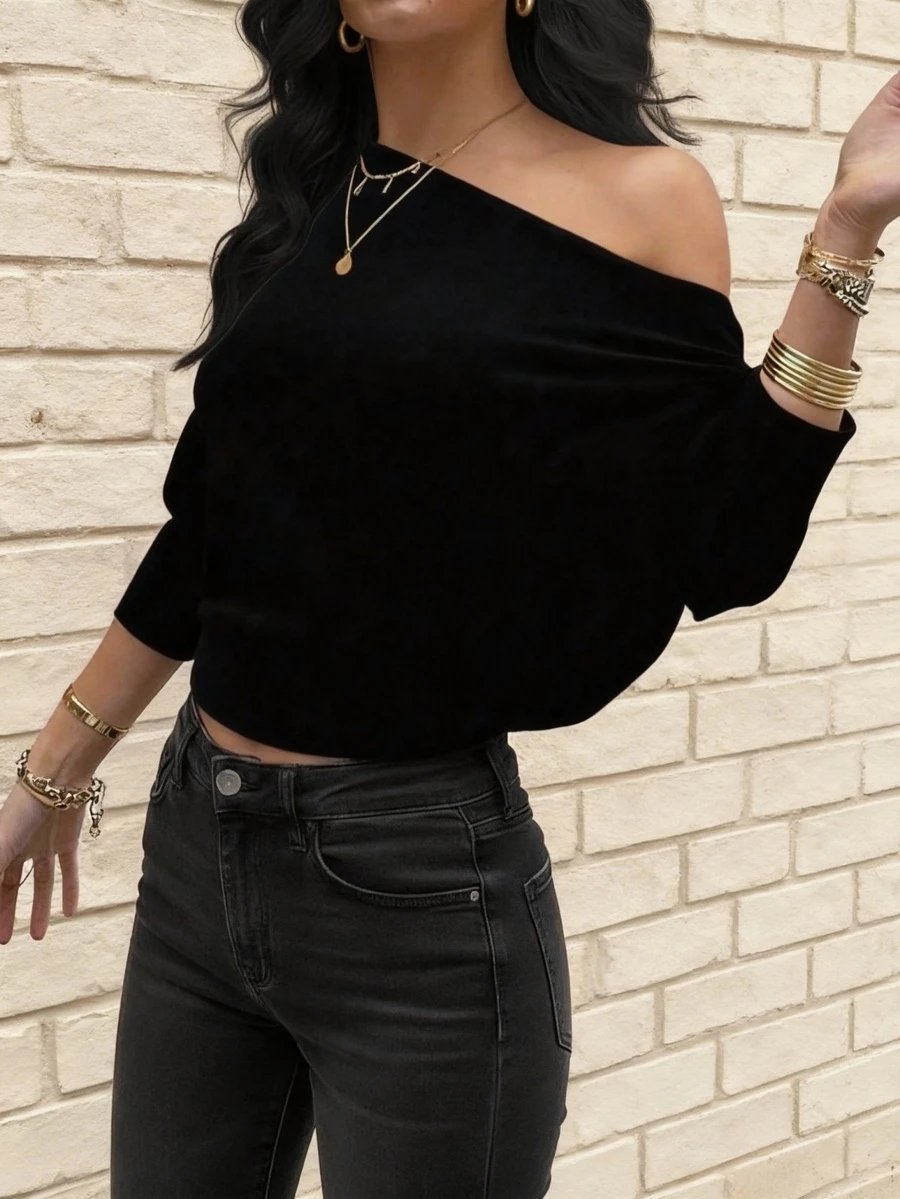 Áo thun dài tay màu đen SMILE CHIC với thiết kế bất đối xứng vai, kiểu dáng thoải mái, đa năng, phù hợp cho mùa xuân/thu, mặc hàng ngày, đi nghỉ mát và dã ngoại. - màu đen - Xem 1