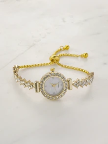 Clariva New Casual Fashion Ladies' Bracelet Watch, Cute Round Dial Decorated With Crystals, Rhinestone Embellished Watchband, Alloy Quartz Watch, Gift As A Gift For Students Returning To School Gifts
