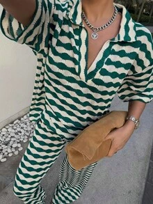 两件套女士针织套装，休闲优雅条纹领上衣和裤子，适合返校季、秋冬季节，也适合圣诞节、感恩节和新年穿着（条纹图案随机） - 湖綠 - 查看 1