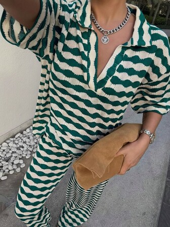 Knit Mix 女士针织两件套，休闲优雅条纹领上衣和裤子，适合返校季、秋冬季节，也适合圣诞节、感恩节和新年穿着（条纹图案随机）