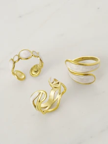 Clariva 3pcs/Set Fashionable Asymmetrical Stainless Steel Artistic Paint Ring Set, Stylish Design For Women Daily Wear Gifts - Yellow Gold - View 4