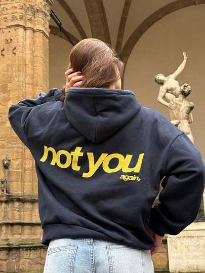 Moletom com capuz com estampa de letras "Not You", casual feminino, volta às aulas, manga comprida, bolso, pulôver