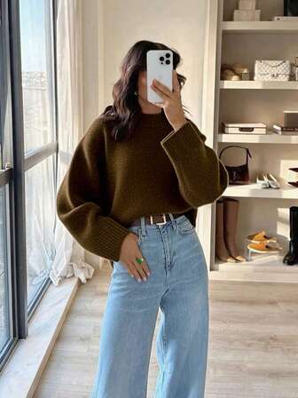Women's Solid Color Crew Neck Casual Knit Sweater